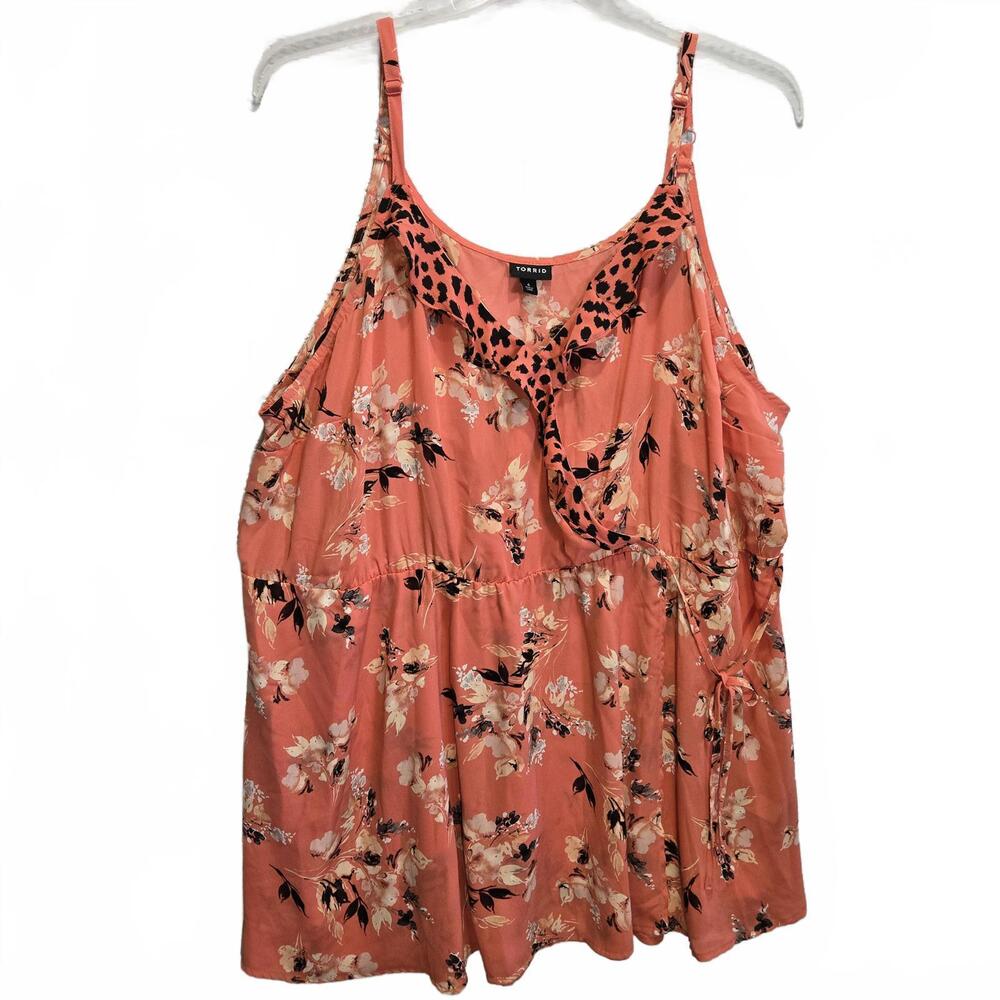 Torrid 4X Coral Floral Ruffle Tank Top Mixed Print Leopard Trim Cami